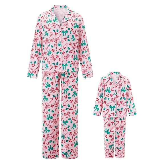 Rdhnmea Mommy and Me Matching Christmas Pajamas Set Bow Candy Cane Print Button Down Long Sleeve Tops and Pants Xmas Pjs 2 Piece Silk Sleepwear Jemmies for Women Girl