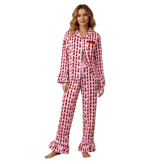 Rdhnmea Mommy and Me Christmas Pajamas Set Bow Gingerbread Man Print Long Sleeve Shirt with Pants Xmas Sleepwear Loungewear