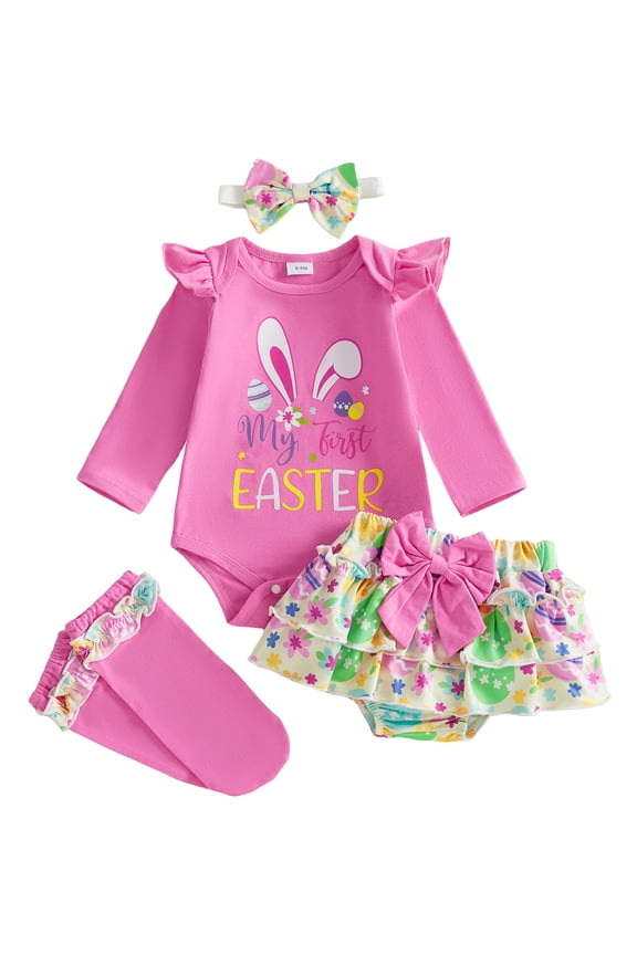 My First Easter Baby Girl Outfit Bunny Egg Long Sleeve Romper Top+Ruffle Skirt+Headband+Socks Newborn Spring Clothes
