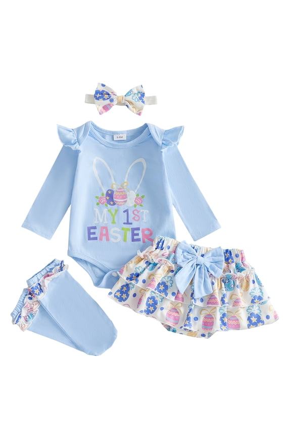 My First Easter Baby Girl Outfit Bunny Egg Long Sleeve Romper Top+Ruffle Skirt+Headband+Socks Newborn Spring Clothes