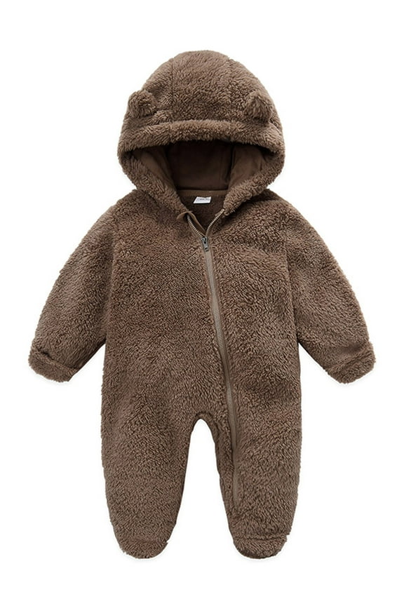 Newborn Baby Boys Girls Winter Jumpsuit Cute Bear Snowsuit Fleece Long Sleeve Footed Hooded Zipper Romper Winter Coat Outwear Warm Outfits