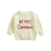 Rdhnmea Newborn Baby Girl Boy Christmas Knit Sweater My First Christmas Embroidery Long Sleeve Round Neck Fall Winter Knitted Sweatshirt Xmas Outfit