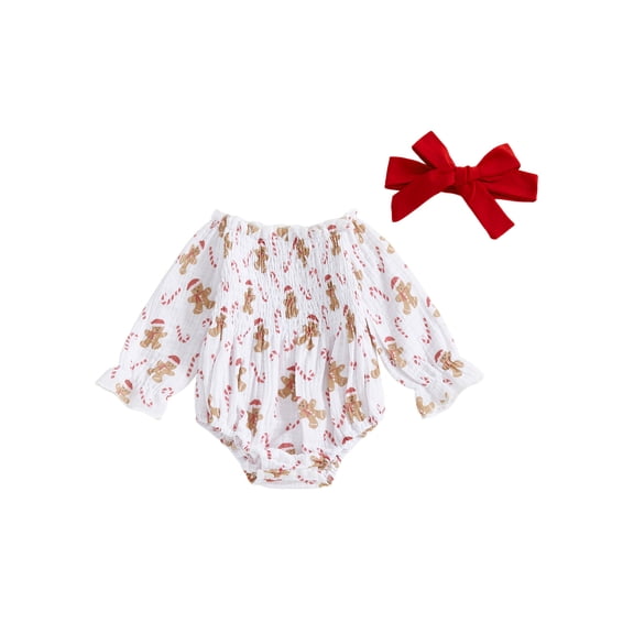 Rdhnmea Newborn Baby Girl Christmas Outfit Gingerbread Smocked Bubble Romper Candy Cane Plaid Jumpsuits with Bow Headband My First Xmas Clothes