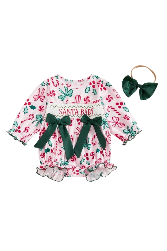 Newborn Baby Girl Christmas Outfit Gingerbread Smocked Bubble Romper Candy Cane Plaid Jumpsuits with Bow Headband My First Xmas Clothes