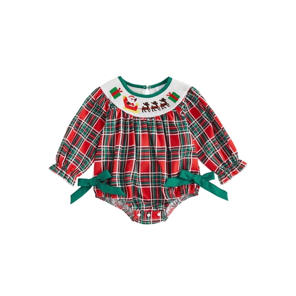 Rdhnmea Newborn Baby Girl Christmas Outfit Gingerbread Smocked Bubble Romper Candy Cane Plaid Jumpsuits with Bow Headband My First Xmas Clothes