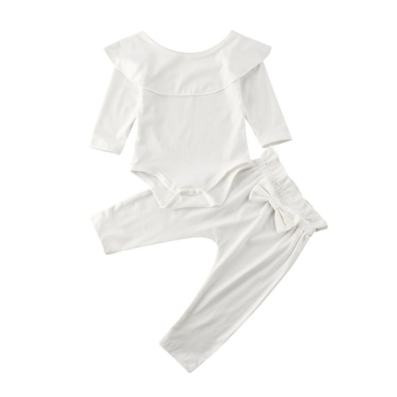 Rdhnmea Newborn Baby Girls Outfits Solid Color Off Shoulder Romper Top + Bow Knot Pants Bodysuit Clothes Set
