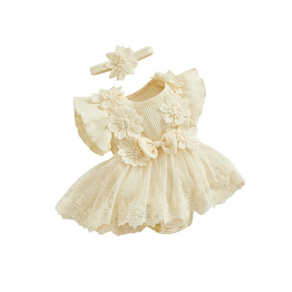 Rdhnmea Newborn Baby Girls Summer Romper Dress Infant Fly Sleeve Mesh Lace Patchwork Tulle Skirt Hem Ribbed Bodysuit   Headband Cute 2 Piece Clothes Set