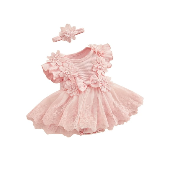 Rdhnmea Newborn Baby Girls Summer Romper Dress Infant Fly Sleeve Mesh Lace Patchwork Tulle Skirt Hem Ribbed Bodysuit   Headband Cute 2 Piece Clothes Set