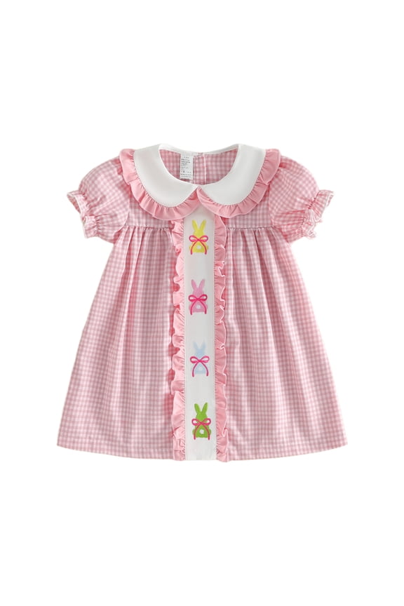 Toddler Baby Girl Easter Outfit Bunny Embroidery Smocked Dress Plaid Puff Short Sleeve Doll Collar Dress Cute Easter Clothes