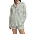 thumbnail image 1 of Rdhnmea Women 2 Piece Causal Outfits Striped Lapel Neck Long Sleeve Button Down Loose Shirt Tops Shorts with Pockets Lounge Set, 1 of 9