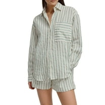 Rdhnmea Women 2 Piece Causal Outfits Striped Lapel Neck Long Sleeve Button Down Loose Shirt Tops Shorts with Pockets Lounge Set