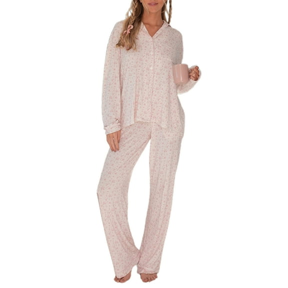 Rdhnmea Women 2 Piece Floral Pajamas Lounge Set Y2K Long Sleeve Shirt Wide Leg Pants Sleepwear Pj Matching Sets