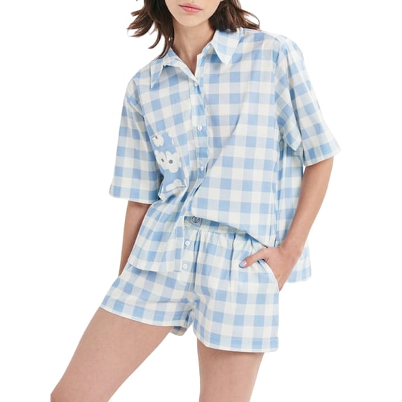 Rdhnmea Women 2 Piece Lounge Shorts Set Plaid/Stripes/Flower Print Short Sleeve Shirt with Elastic Waist Shorts Summer Outfits