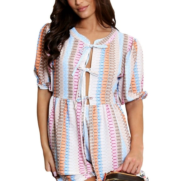 Rdhnmea Women 2-Piece Outfits Summer Striped Print Tie Front Shirt and Shorts