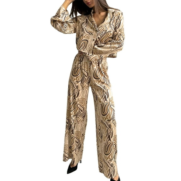 Rdhnmea Women 2 Piece Pajamas Set Abstract Print Long Sleeve Shirt and Elastic Pants Loungewear Soft Sleepwear Pjs Set