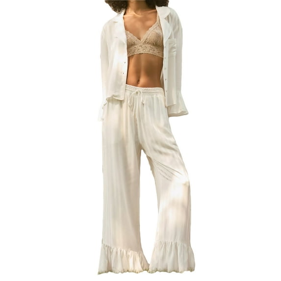 Rdhnmea Women 2 Piece Pajamas Set Solid Color Button up Flared Long Sleeve Shirt and Elastic Pants Loungewear Sleepwear Homewear