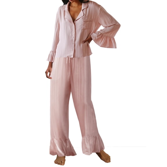 Rdhnmea Women 2 Piece Pajamas Set Solid Color Button up Flared Long Sleeve Shirt and Elastic Pants Loungewear Sleepwear Homewear