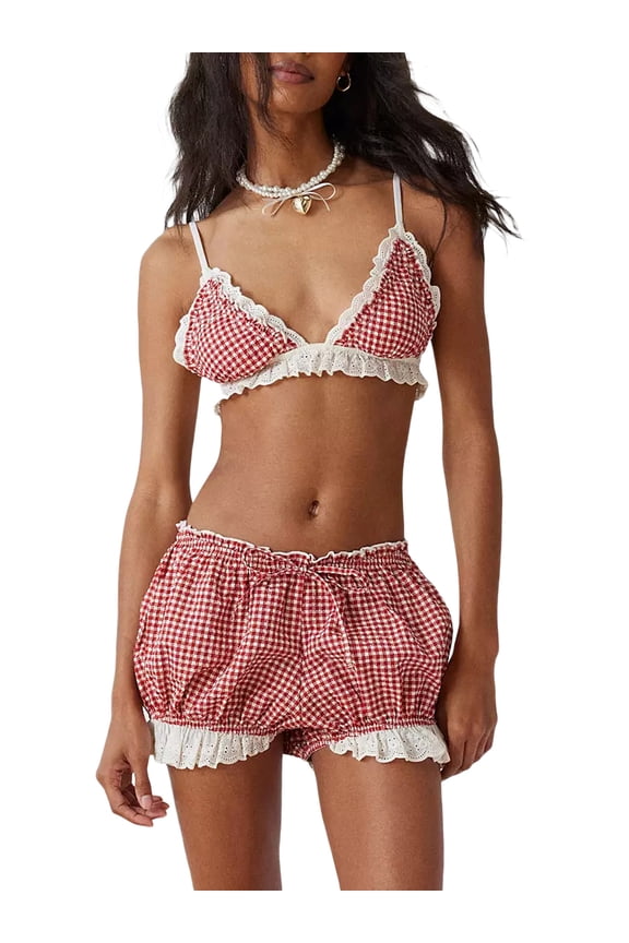 Women 2 Piece Plaid Loungewear Suits Lace Trim Spaghetti Strap Cami Top Smocked Bow Bloomers Pajamas Set Comfy Sleepwear