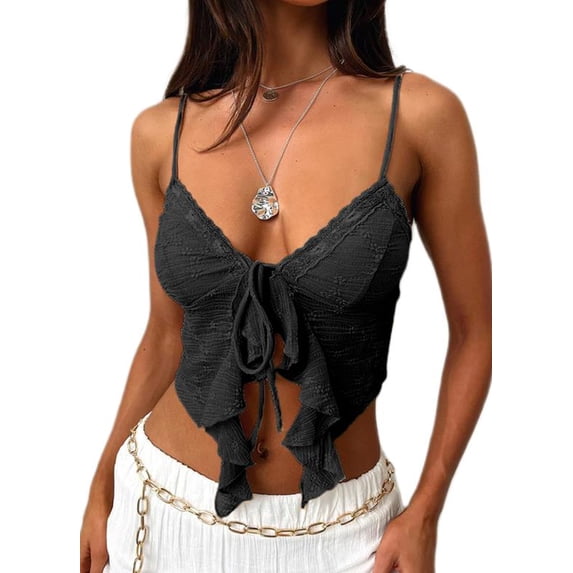 Rdhnmea Women Asymmetric Hem Cami Crop Top Casual Summer Lace Trim Spaghetti Strap Tank Tops Sleeveless Slim Fit Camisole Club Streetwear