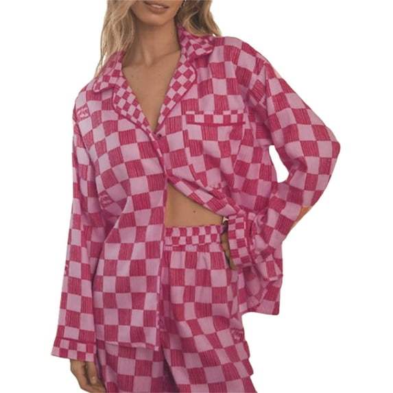 Rdhnmea Women Checkered Pajama Set Christmas Plaid Pjs Long Sleeve Button Up Shirt + Pants Set 2 Piece Loungewear Xmas Sleepwear