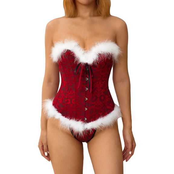 Rdhnmea Women Christmas Mrs. Claus Costume Bustier Corset Tops Fur Trim Overbust Body Shapewear Front Buckle Back Tie Up Waist Cincher Corset