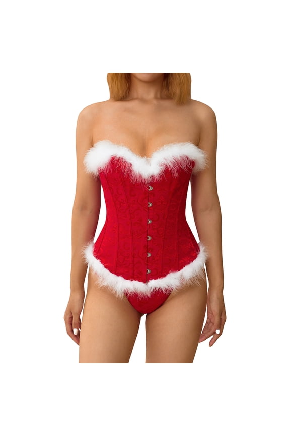 Women Christmas Mrs. Claus Costume Bustier Corset Tops Fur Trim Overbust Body Shapewear Front Buckle Back Tie Up Waist Cincher Corset