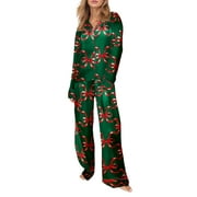 RDHNMEA Women Christmas Pajamas Set 2 Pieces Loungewear Suits Bow/Santa/Tree Print Long Sleeve Shirts Tops and Pants Xmas Sleepwear Pjs Outfits