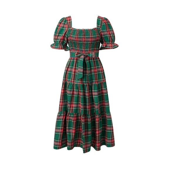 Rdhnmea Women Christmas Plaid Maxi Dress Puff Sleeve Square Neck Smocked Dresses Belted Ruffled Gingham A Line Long Party Dress Streetwear