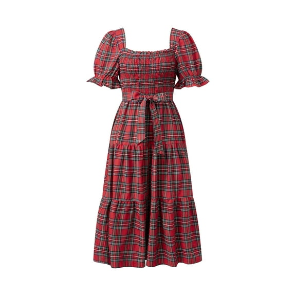 Rdhnmea Women Christmas Plaid Maxi Dress Puff Sleeve Square Neck Smocked Dresses Belted Ruffled Gingham A Line Long Party Dress Streetwear