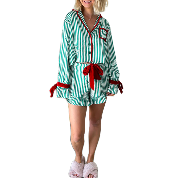 Rdhnmea Women Christmas Striped 2 Piece Pajama Set Bow Tie Long Sleeve Button Down Crop Shirt Elastic Pants Holiday Loungewear Xmas Sleepwear