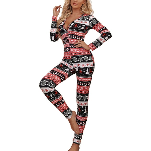 Rdhnmea Women Christmas  one-piece  V Neck Bodycon One Piece Pajamas Christmas Cartoon Printed Jumpsuit Bodysuit Sleepwear