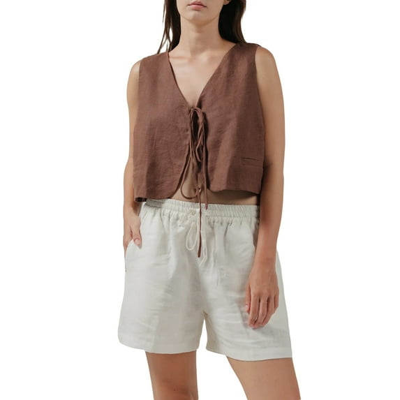 Rdhnmea Women Cotton Linen Tie Front Tank Tops Sleeveless Tie-up Solid Outwear Summer Gilet Blouse Going Out Tops Streetwear
