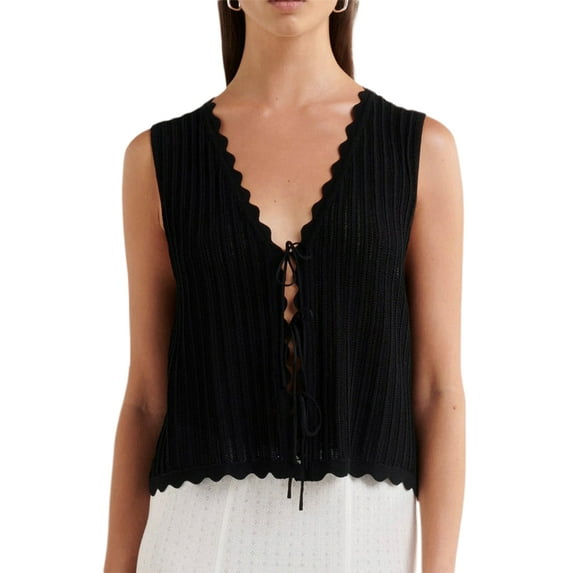 Rdhnmea Women Crochet Vest Top Y2k Knit V-Neck Tie Front Tank Tops Sleeveless Button Down Shirt Vintage Casual Streetwear