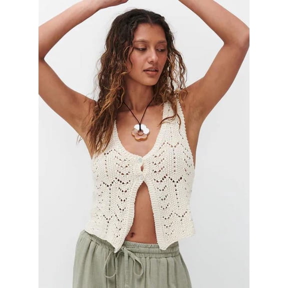 Rdhnmea Women Crop Tank Tops Knitted Cutout Button Basic Sleeveless Vest