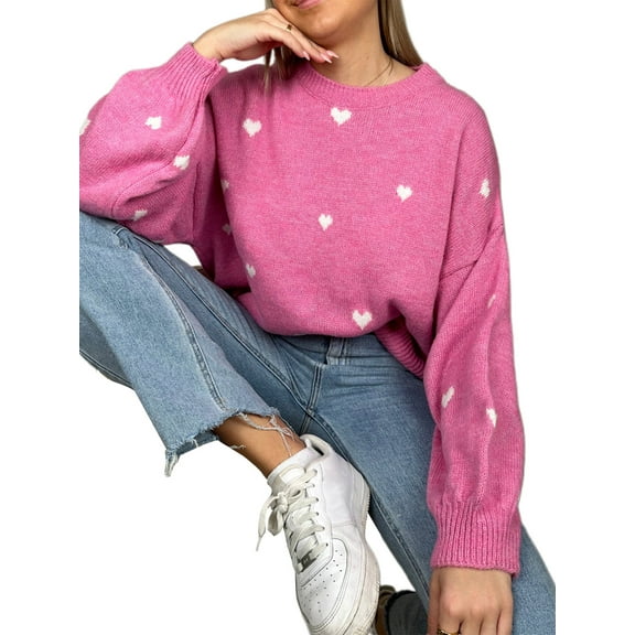 Rdhnmea Women Cute Comfy Sweaters Casual Heart Print Warm Long Sleeve Pullover