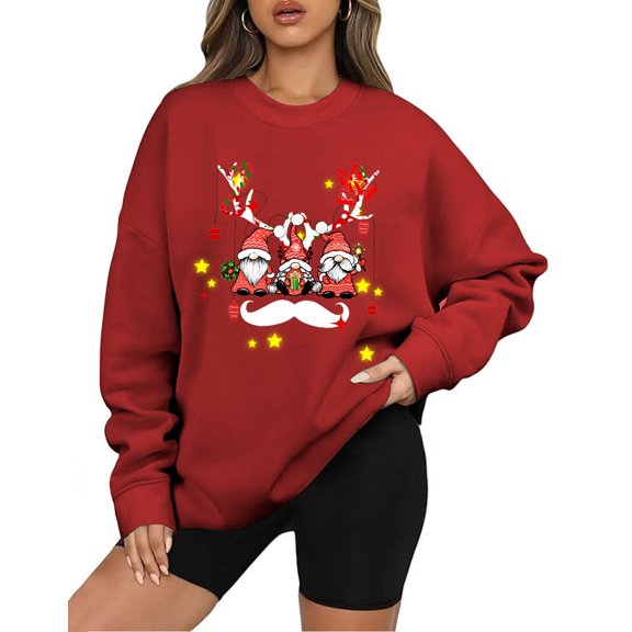 Rdhnmea Women Cute Sweatshirts Christmas Gnome Print Loose Pullovers Tops