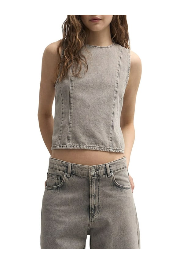 Women Denim Tank Tops Solid Color Open Back Tie-Up Sleeveless Shirt