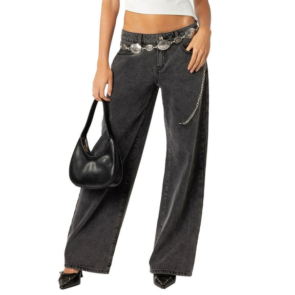 Rdhnmea Women Denim Wide Leg Pants Casual Solid Color Loose Boyfried Denim Pants Low Rise Jeans Trousers for Work Office Streetwear