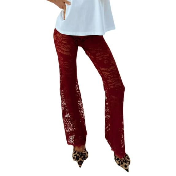 Rdhnmea Women Flare Pants Lace See-Through Elastic Waist Trousers Bottoms
