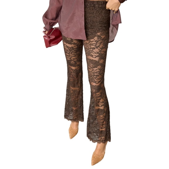 Rdhnmea Women Flare Pants Lace See-Through Elastic Waist Trousers Bottoms