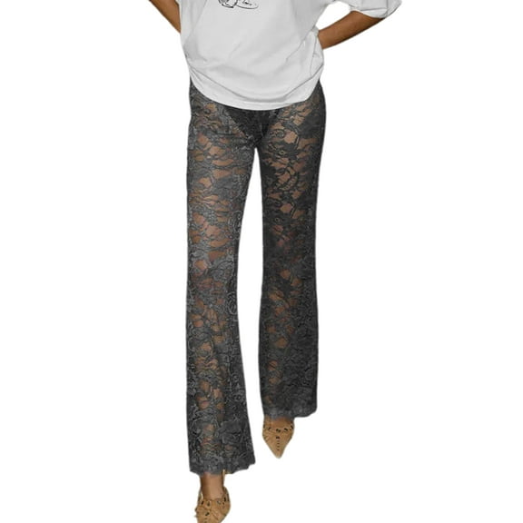 Rdhnmea Women Flare Pants Lace See-Through Elastic Waist Trousers Bottoms