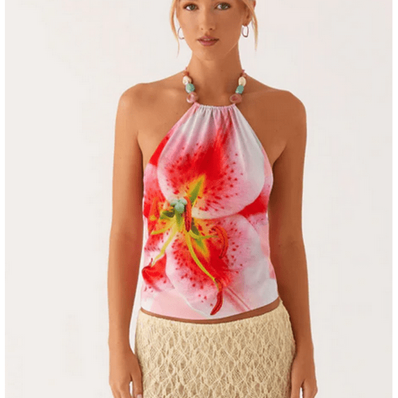 Rdhnmea Women Floral Halter Cami Tops Tie-up Open Back Sleeveless Crop Tops