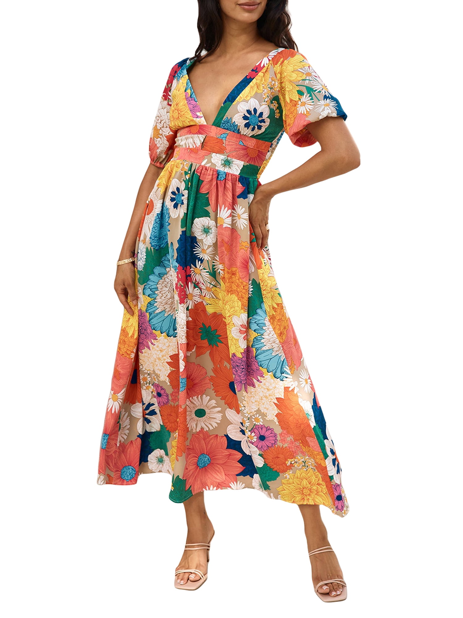 Women's Floral Embroidered Mexican Dress - Short Sleeve Bohemian Sundress, Cotton & Flowy - View #9