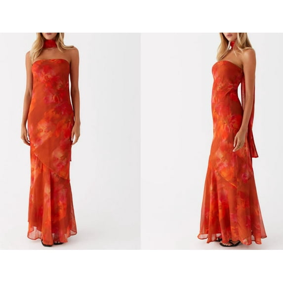 Rdhnmea Women Floral Tube Maxi Dress with Scarf Y2k Strapless Backless Long Bodycon Dresses Formal Cocktail Sundress Party Clubwear