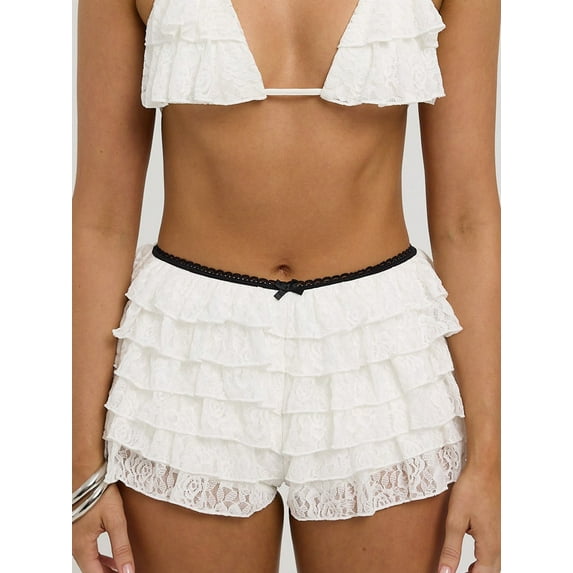 Rdhnmea Women Flower Lace Shorts Elastic Waist Layered Ruffle Mini Cake Shorts
