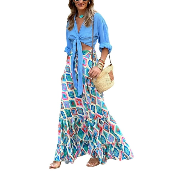 Rdhnmea Women Flowy Boho Skirt Printed Ruffled Hem Summer Skirt for Beach