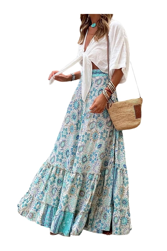 Women Flowy Boho Skirt Printed Ruffled Hem Summer Skirt for Beach