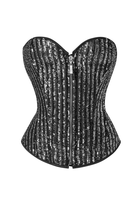 Women Glitter Sequin Corset Tops Sparkly Zipper Front Strapless Bandeau Bustier Tube Crop Back Cross Tie Cropped Tank Top