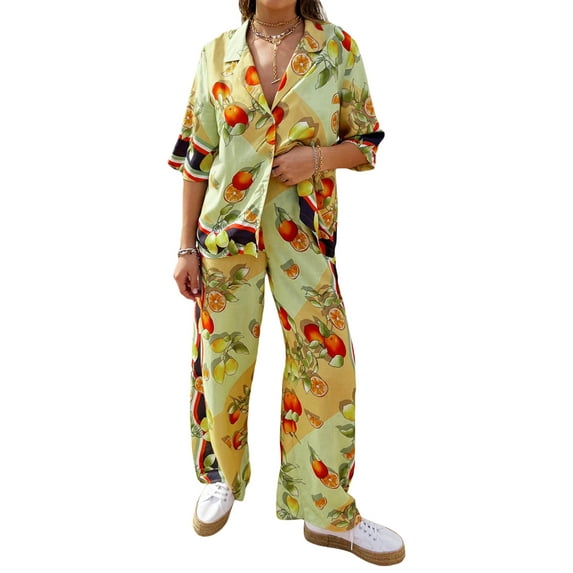 Rdhnmea Women Graphic 2 Piece Beach Outfits Short Sleeve Button Lemon Printed Shirt Wide Leg Pants Set Summer Vacation Tracksuit
