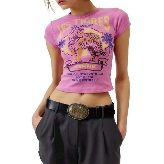 Rdhnmea Women Graphic Baby Tees Y2k Short Sleeve Tiger Print Crop Tops Vintage Aesthetic Summer Teens Girl T-Shirt Streetwear